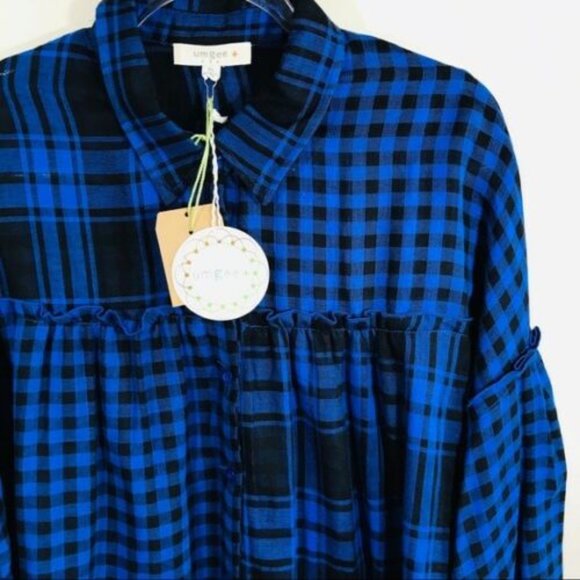 Blue Cotton Plaid Check Button Up Blouse S M L - Picture 3 of 10